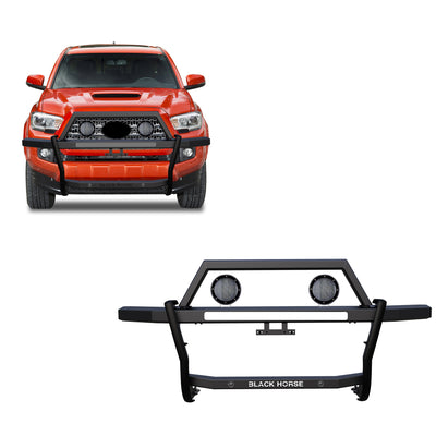 2005-2023 Toyota Tacoma Rambler Grille Guard Kit Modular Includes a set of 5.3" Dia. LED Flood Lights w/ Black Trim Rings Wiring Harness  and Switch | Black Horse Off Road - Image 1