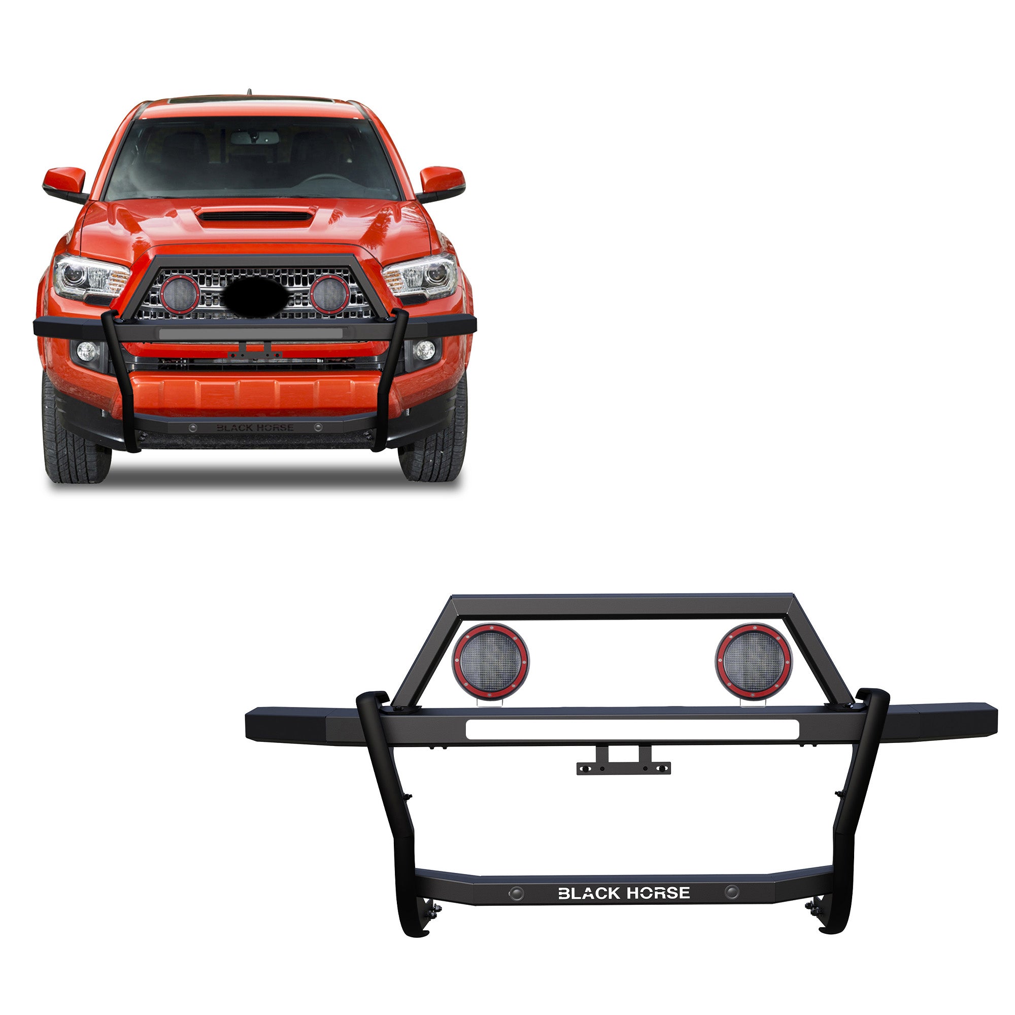 2005-2023 Toyota Tacoma Rambler Grille Guard Kit Modular Includes a set of 5.3" Dia. LED Flood Lights w/ Red Trim Rings Wiring Harness  and Switch | Black Horse Off Road - Image 1