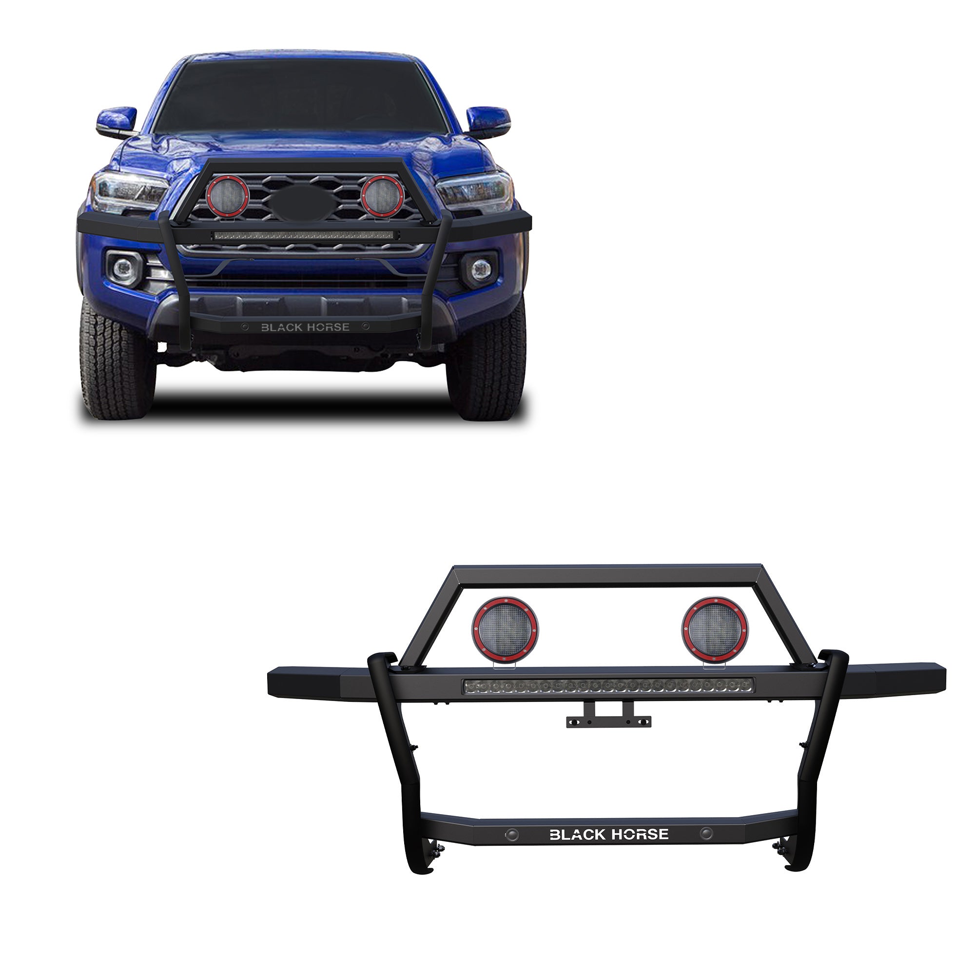 2010-2024 Toyota 4Runner Rambler Grille Guard Kit Modular Includes 30" LED Bar Single Row & a set of 5.3" Dia. LED Flood Lights w/ Red Trim Rings Wiring Harness  and Switch | Black Horse Off Road - Image 1