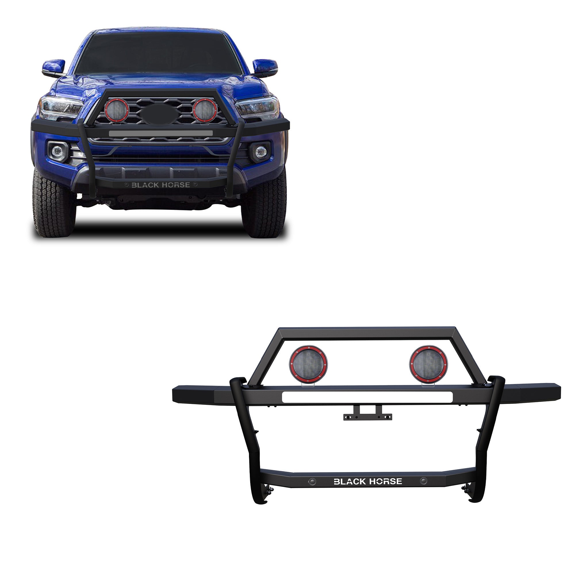 2010-2024 Toyota 4Runner Rambler Grille Guard Kit Modular Includes a set of 5.3" Dia. LED Flood Lights w/ Red Trim Rings Wiring Harness  and Switch | Black Horse Off Road - Image 1