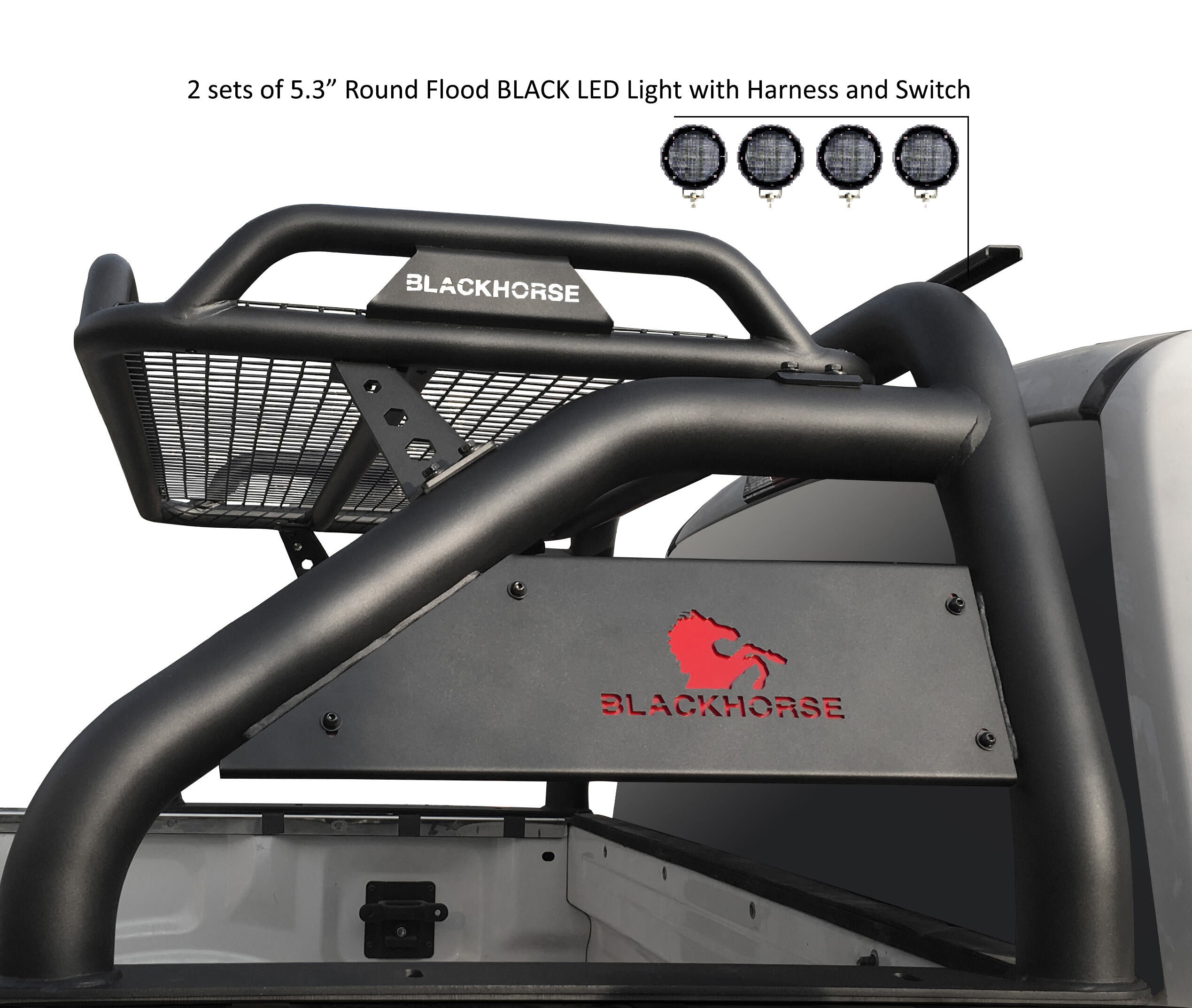 Atlas Roll Bar Kit 2 sets of 5.3" Dia.  Black LED Flood Lights w/ Harness and Switch | Black Horse Off Road - Image 6