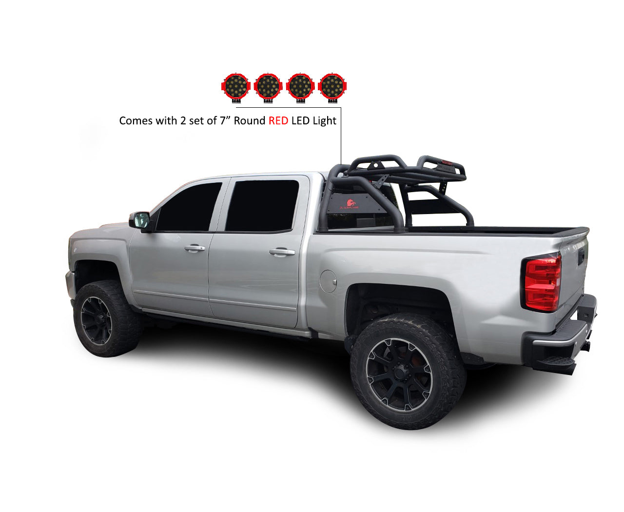 Atlas Roll Bar Kit Incl. 2 pairs of 7.0"Dia.  LED  Lights w/Red Trim Rings w/ Wiring Harness and Switch | Black Horse Off Road - Image 7