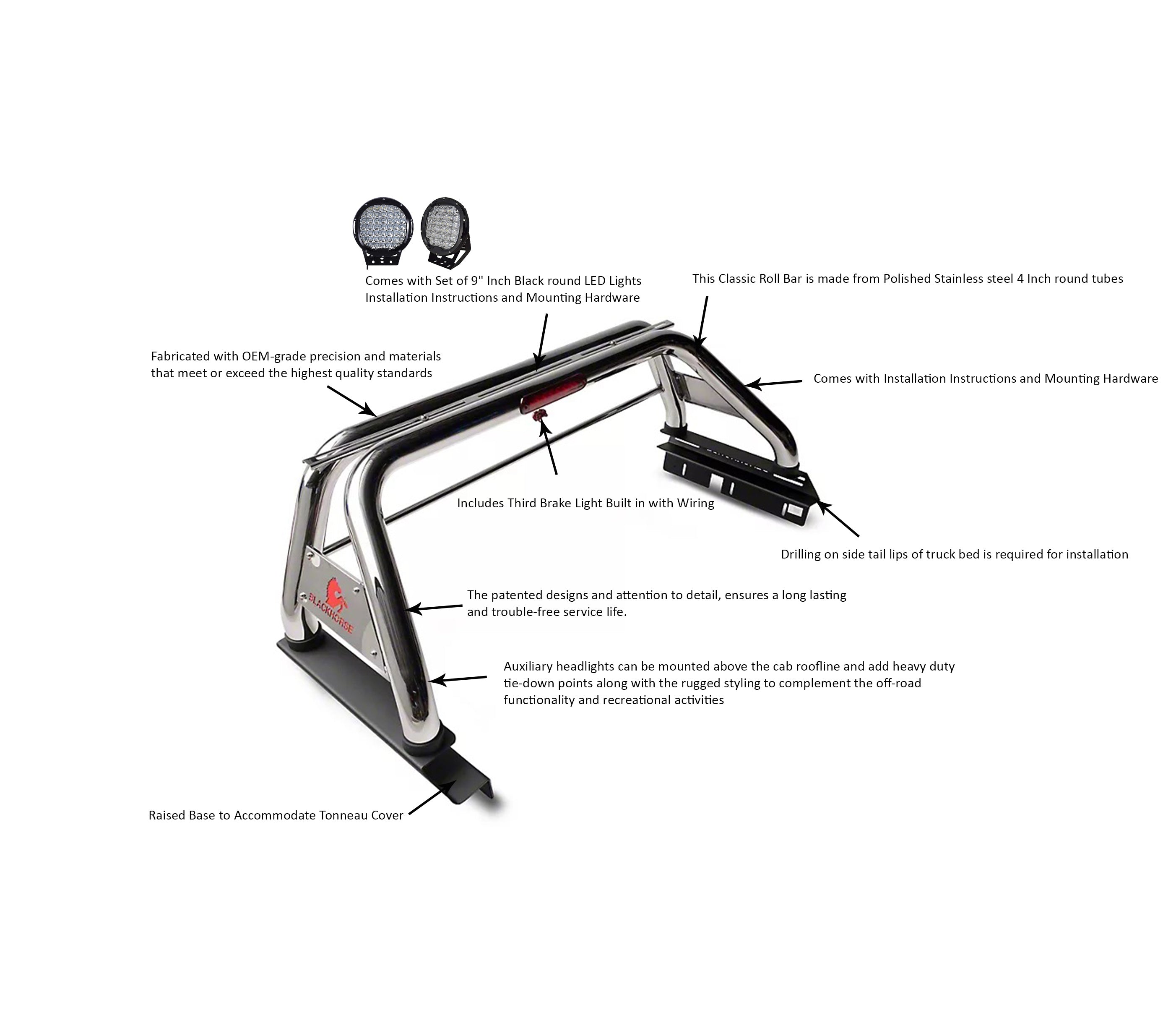 2019-2026 Dodge Ram 1500 Classic Roll Bar Kit W/ Set of 9" Black Round LED Light | Black Horse Off Road - Image 2
