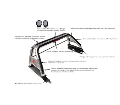 2005-2021 Nissan Frontier Classic Roll Bar Kit W/ Set of 9" Black Round LED Light | Black Horse Off Road - Image 5