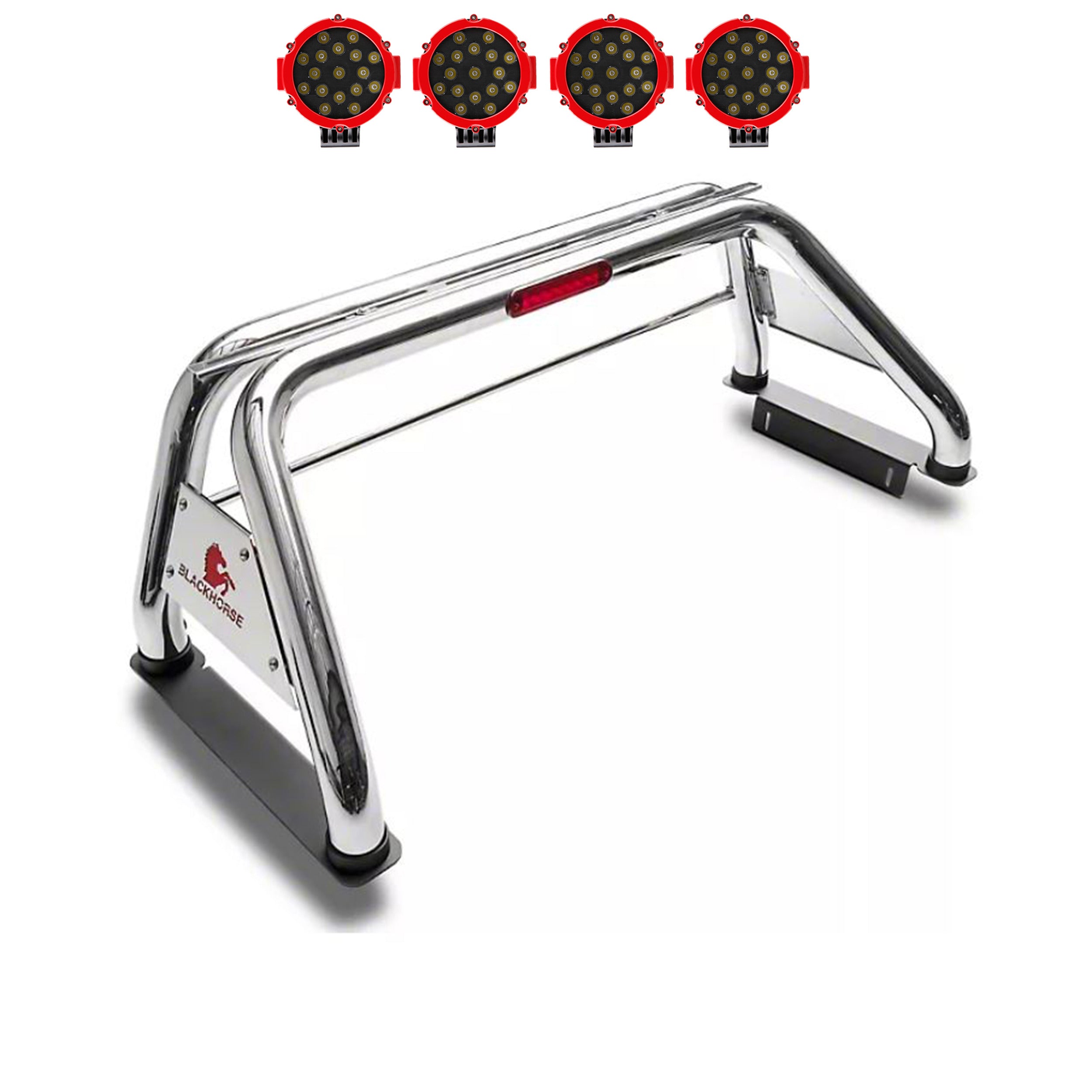 1999-2026 Ford F-250 Super Duty Classic Roll Bar Kit Incl. 2 pairs of 7.0"Dia.  LED  Lights w/Red Trim Rings w/ Wiring Harness and Switch | Black Horse Off Road - Image 1