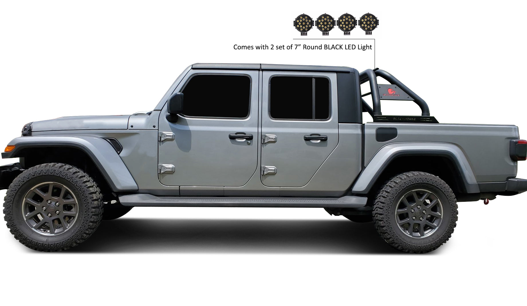 2020-2026 Jeep Gladiator Classic Roll Bar Kit Incl. 2 pairs of 7.0"Dia.  LED  Lights w/ Black Trim Rings w/ Wiring Harness and Switch | Black Horse Off Road - Image 2