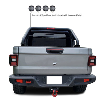 2020-2026 Jeep Gladiator Classic Roll Bar Kit 2 sets of 5.3" Dia.  Black LED Flood Lights w/ Harness and Switch | Black Horse Off Road - Image 8