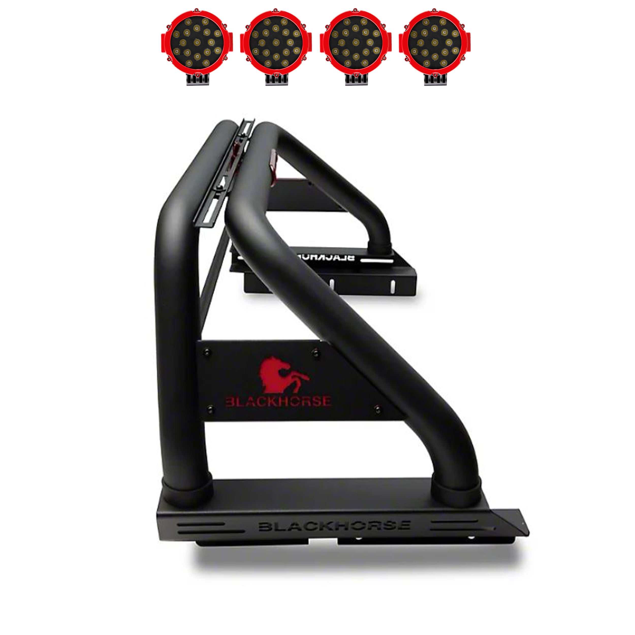 2020-2026 Jeep Gladiator Classic Roll Bar Kit Incl. 2 pairs of 7.0"Dia.  LED  Lights w/Red Trim Rings w/ Wiring Harness and Switch | Black Horse Off Road - Image 1