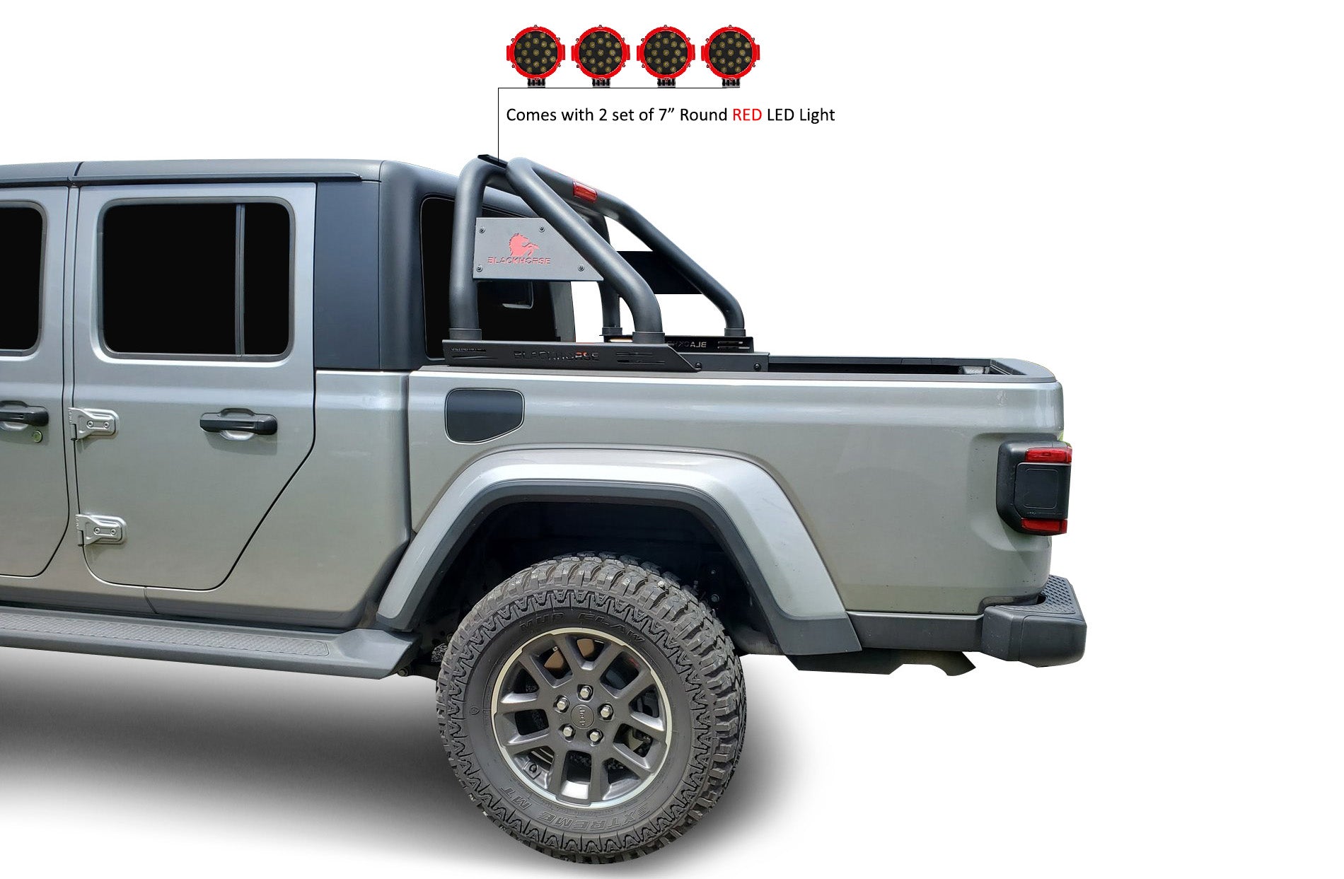 2020-2026 Jeep Gladiator Classic Roll Bar Kit Incl. 2 pairs of 7.0"Dia.  LED  Lights w/Red Trim Rings w/ Wiring Harness and Switch | Black Horse Off Road - Image 5