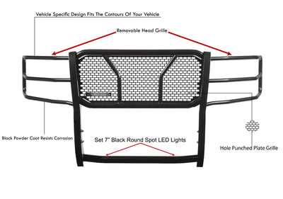 2007-2013 Chevrolet Silverado 1500 Rugged Heavy Duty Grille Guard Kit Modular Incl. pair of 7.0" Dia. LED  Lights w/ Black Trim Rings w/ Wiring Harness and Switch | Black Horse Off Road - Image 4