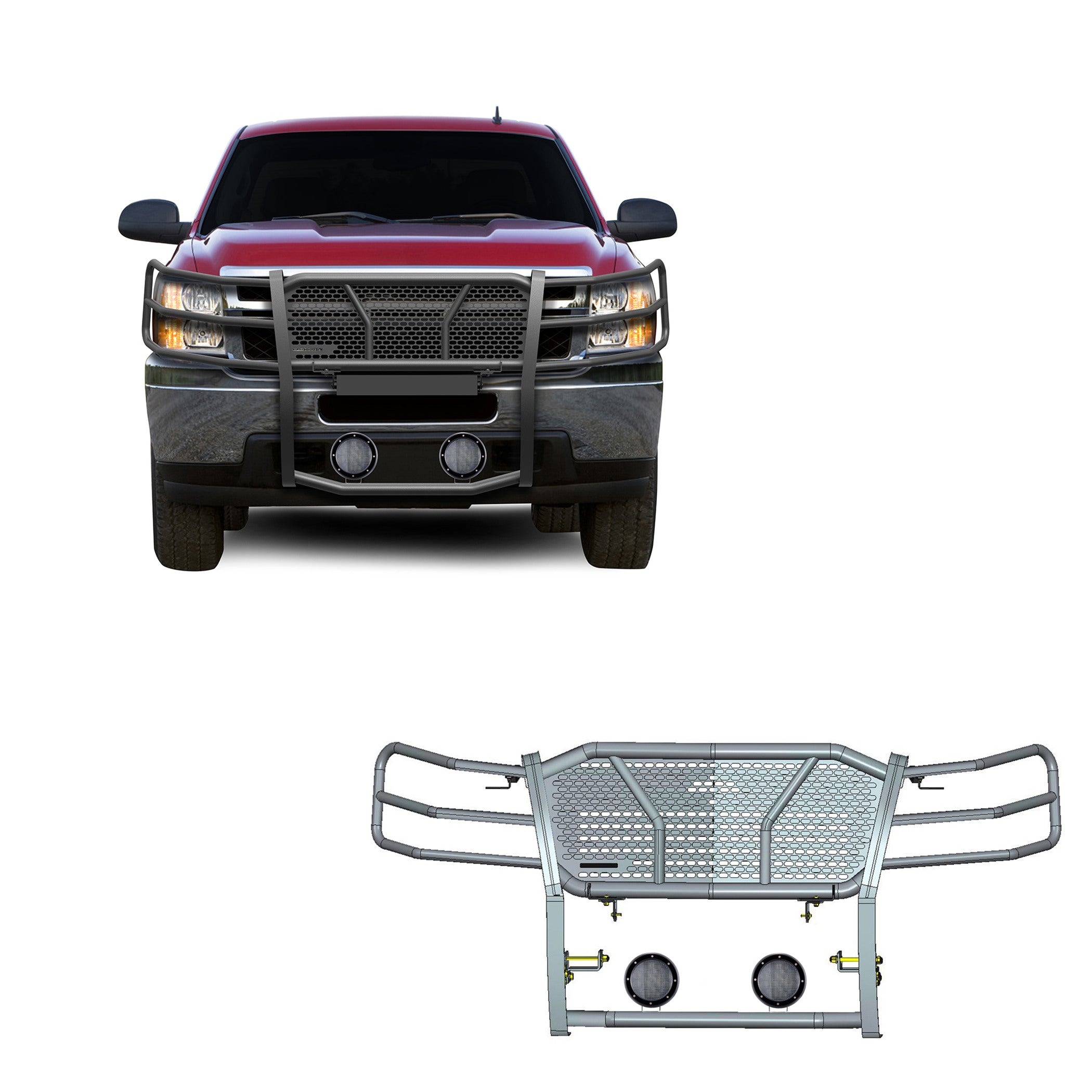 2007-2013 Chevrolet Silverado 1500 Rugged Heavy Duty Grille Guard Kit Modular Pair of 5.3" Dia. LED Flood Lights w/ Black Trim Rings Wiring Harness  and Switch | Black Horse Off Road - Image 1