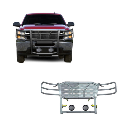 2007-2013 Chevrolet Silverado 1500 Rugged Heavy Duty Grille Guard Kit Modular Pair of 5.3" Dia. LED Flood Lights w/ Black Trim Rings Wiring Harness  and Switch | Black Horse Off Road - Image 1