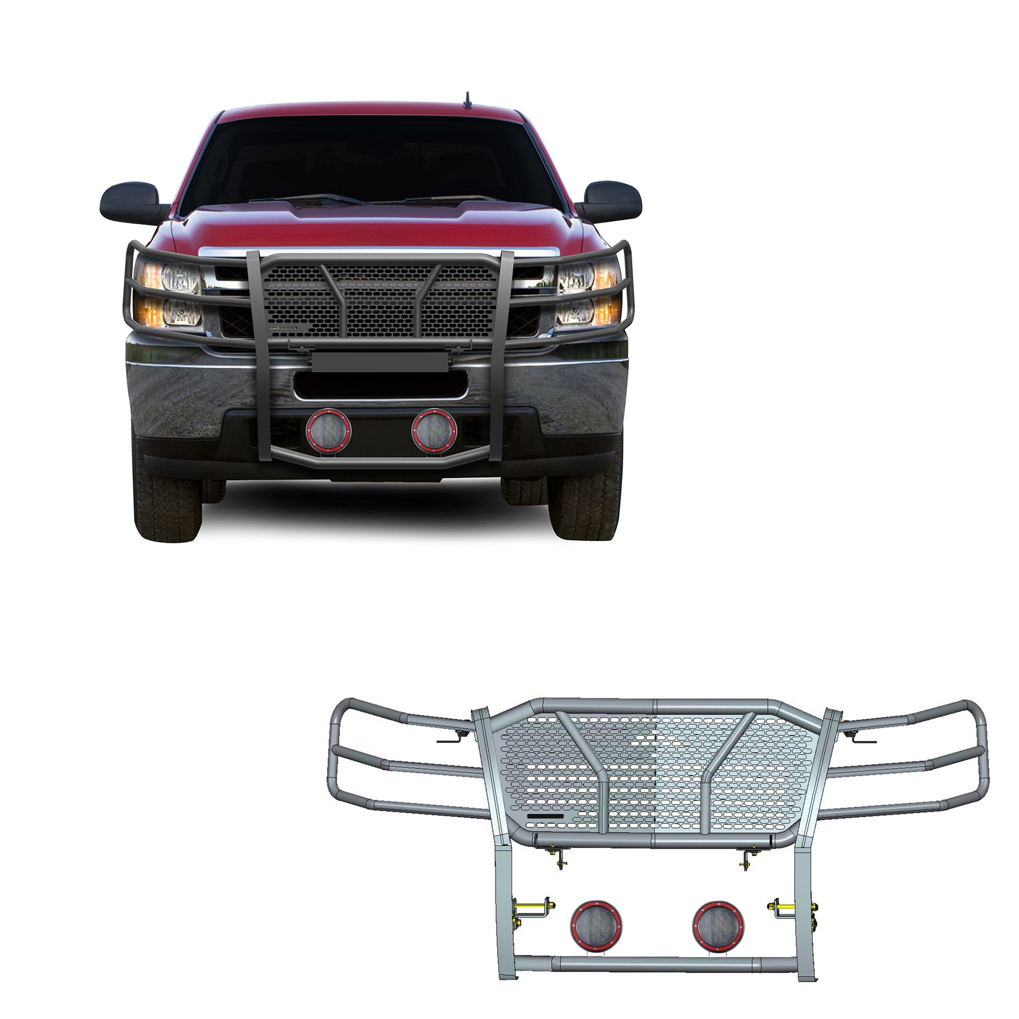 2007-2013 Chevrolet Silverado 1500 Rugged Heavy Duty Grille Guard Kit Modular Pair of 5.3" Dia. LED Flood Lights w/ Red Trim Rings Wiring Harness  and Switch | Black Horse Off Road - Image 1