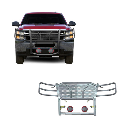 2007-2013 Chevrolet Silverado 1500 Rugged Heavy Duty Grille Guard Kit Modular Pair of 5.3" Dia. LED Flood Lights w/ Red Trim Rings Wiring Harness  and Switch | Black Horse Off Road - Image 1