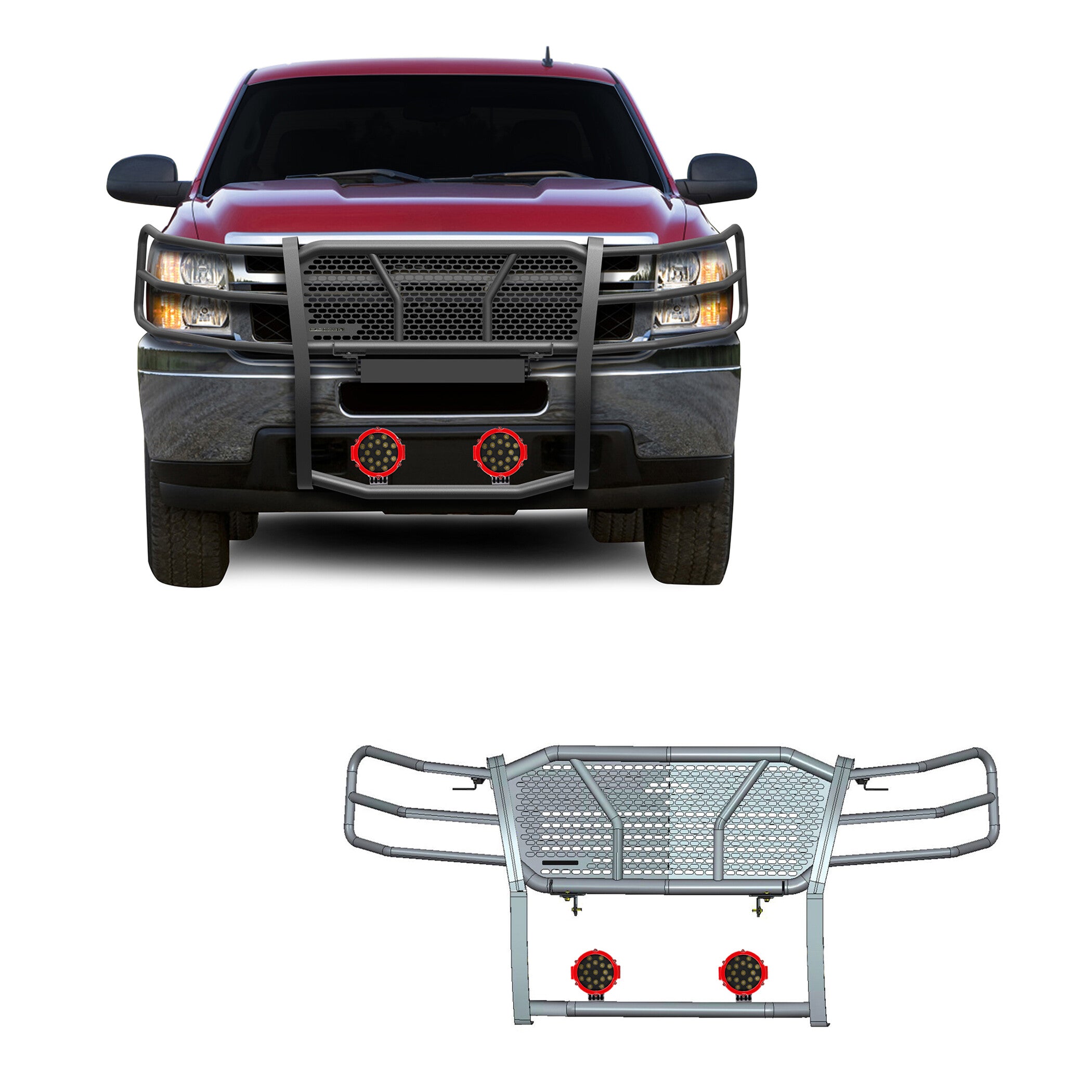 2007-2013 Chevrolet Silverado 1500 Rugged Heavy Duty Grille Guard Kit Modular Incl. pair of 7.0" Dia. LED  Lights w/ Red Trim Rings w/ Wiring Harness and Switch | Black Horse Off Road - Image 1