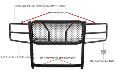 2007-2013 Chevrolet Silverado 1500 Rugged Heavy Duty Grille Guard Kit Modular Incl. pair of 7.0" Dia. LED  Lights w/ Red Trim Rings w/ Wiring Harness and Switch | Black Horse Off Road - Image 4