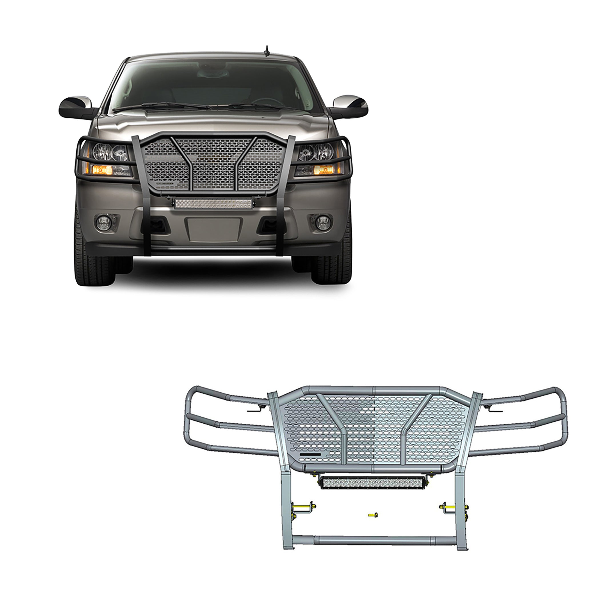 2007-2014 Chevrolet Avalanche Rugged Heavy Duty Grille Guard Kit Modular Includes 20" Double Row LED Light | Black Horse Off Road - Image 1