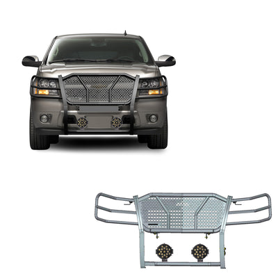 2007-2014 Chevrolet Avalanche Rugged Heavy Duty Grille Guard Kit Modular Incl. pair of 7.0" Dia. LED  Lights w/ Black Trim Rings w/ Wiring Harness and Switch | Black Horse Off Road - Image 1