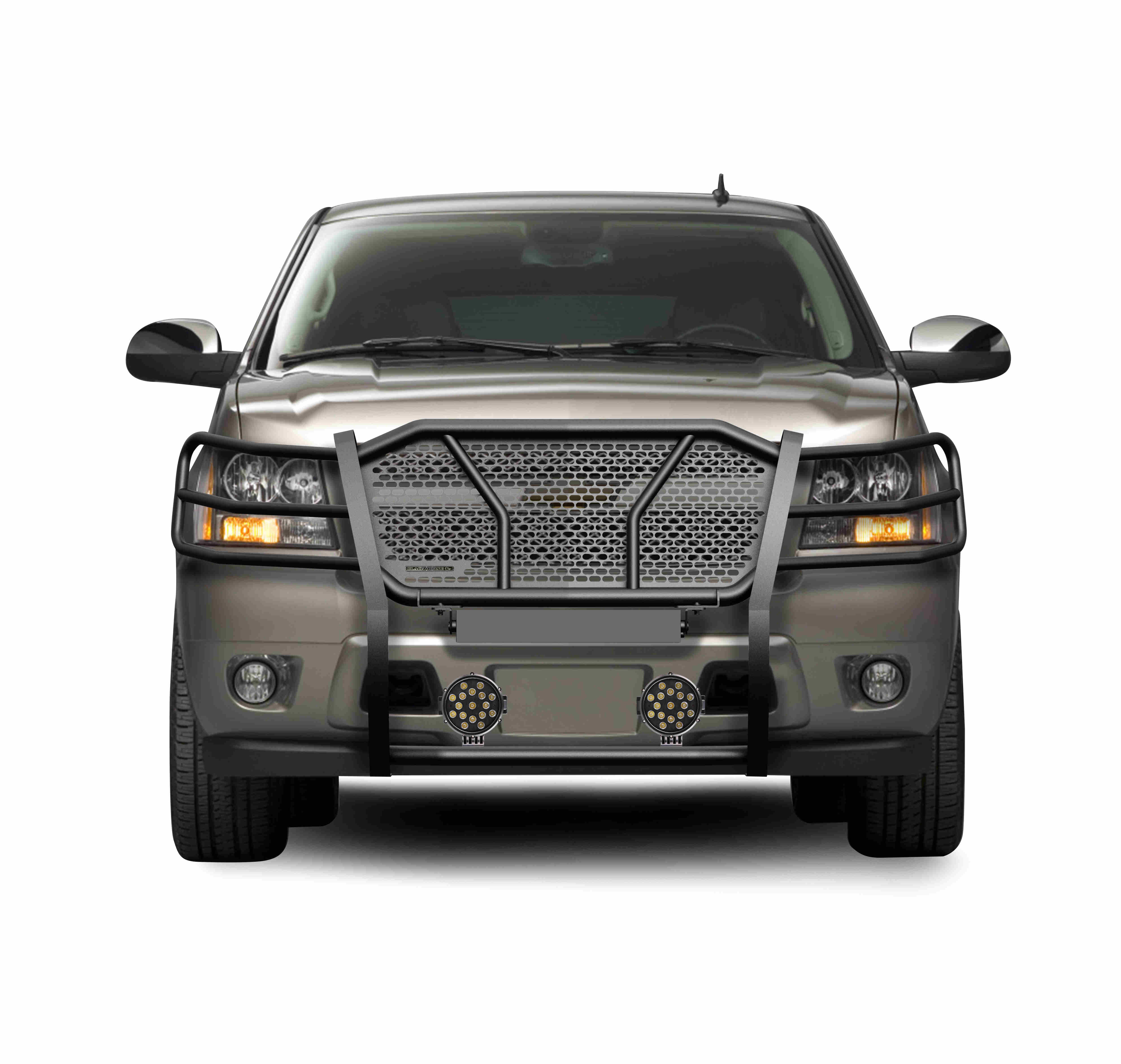 2007-2014 Chevrolet Avalanche Rugged Heavy Duty Grille Guard Kit Modular Incl. pair of 7.0" Dia. LED  Lights w/ Black Trim Rings w/ Wiring Harness and Switch | Black Horse Off Road - Image 2