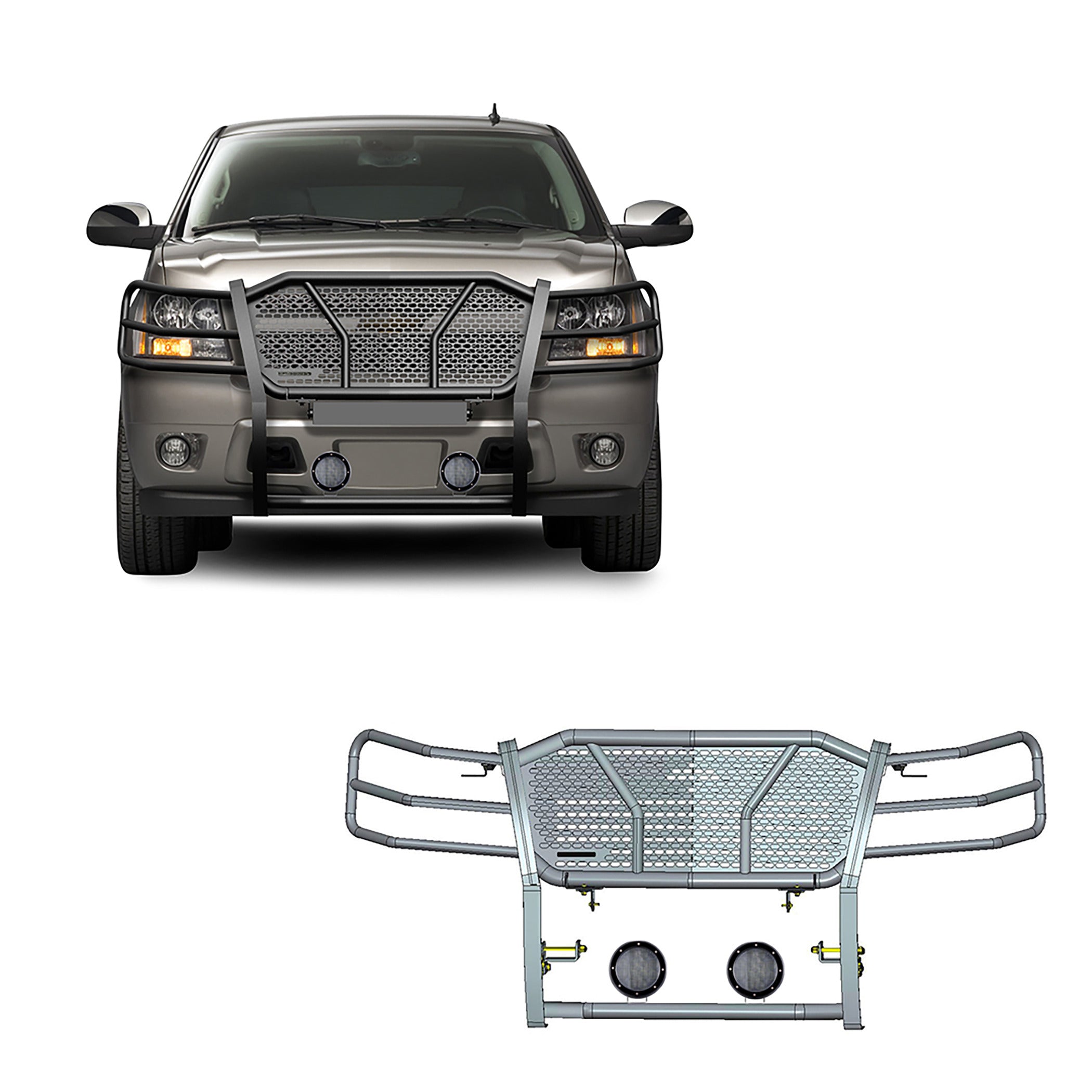 2007-2014 Chevrolet Avalanche Rugged Heavy Duty Grille Guard Kit Modular Pair of 5.3" Dia. LED Flood Lights w/ Black Trim Rings Wiring Harness  and Switch | Black Horse Off Road - Image 1
