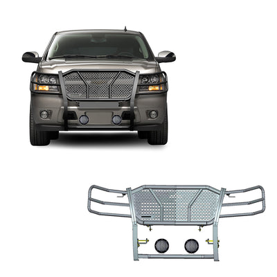 2007-2014 Chevrolet Avalanche Rugged Heavy Duty Grille Guard Kit Modular Pair of 5.3" Dia. LED Flood Lights w/ Black Trim Rings Wiring Harness  and Switch | Black Horse Off Road - Image 1