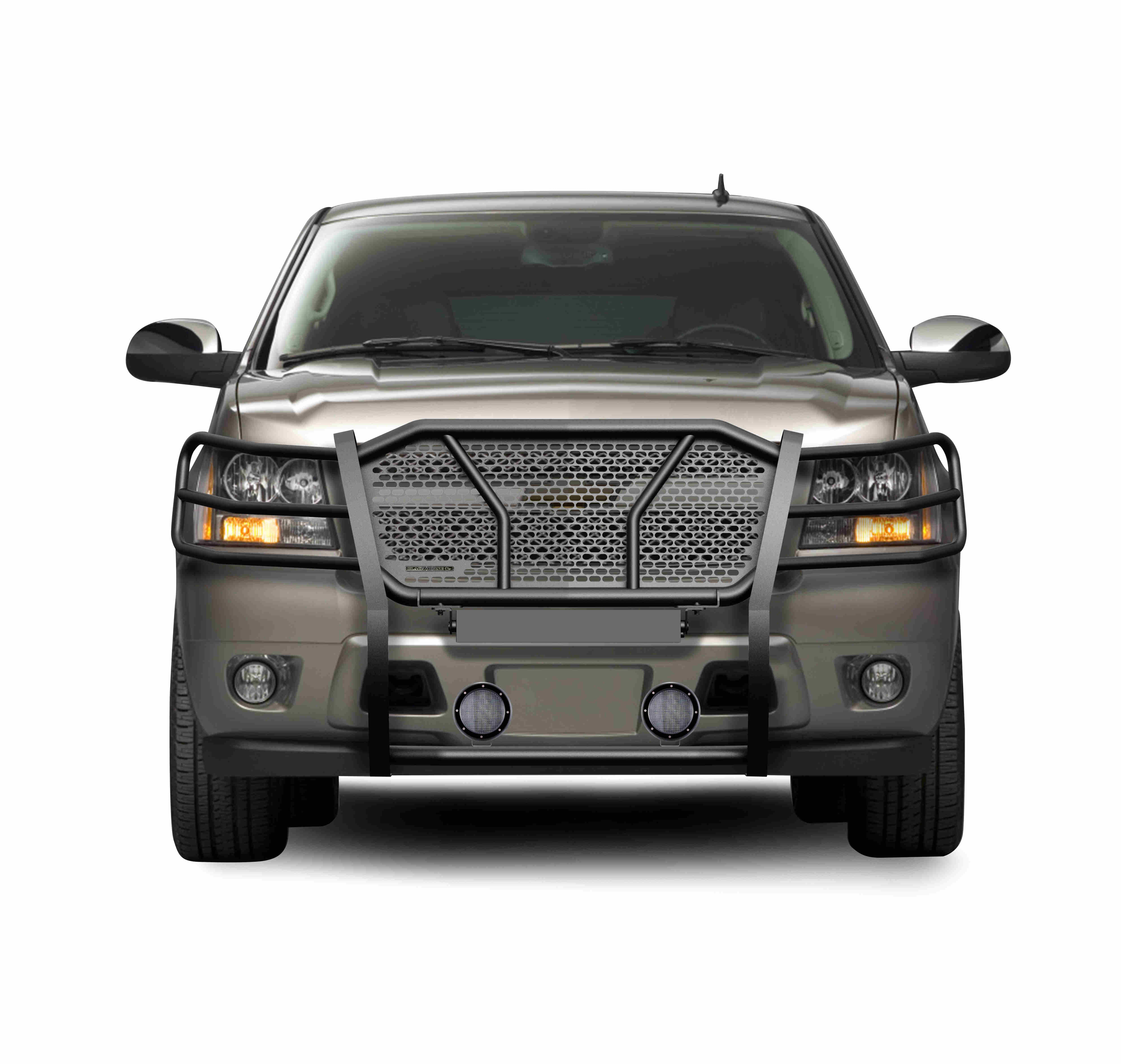 2007-2014 Chevrolet Avalanche Rugged Heavy Duty Grille Guard Kit Modular Pair of 5.3" Dia. LED Flood Lights w/ Black Trim Rings Wiring Harness  and Switch | Black Horse Off Road - Image 2