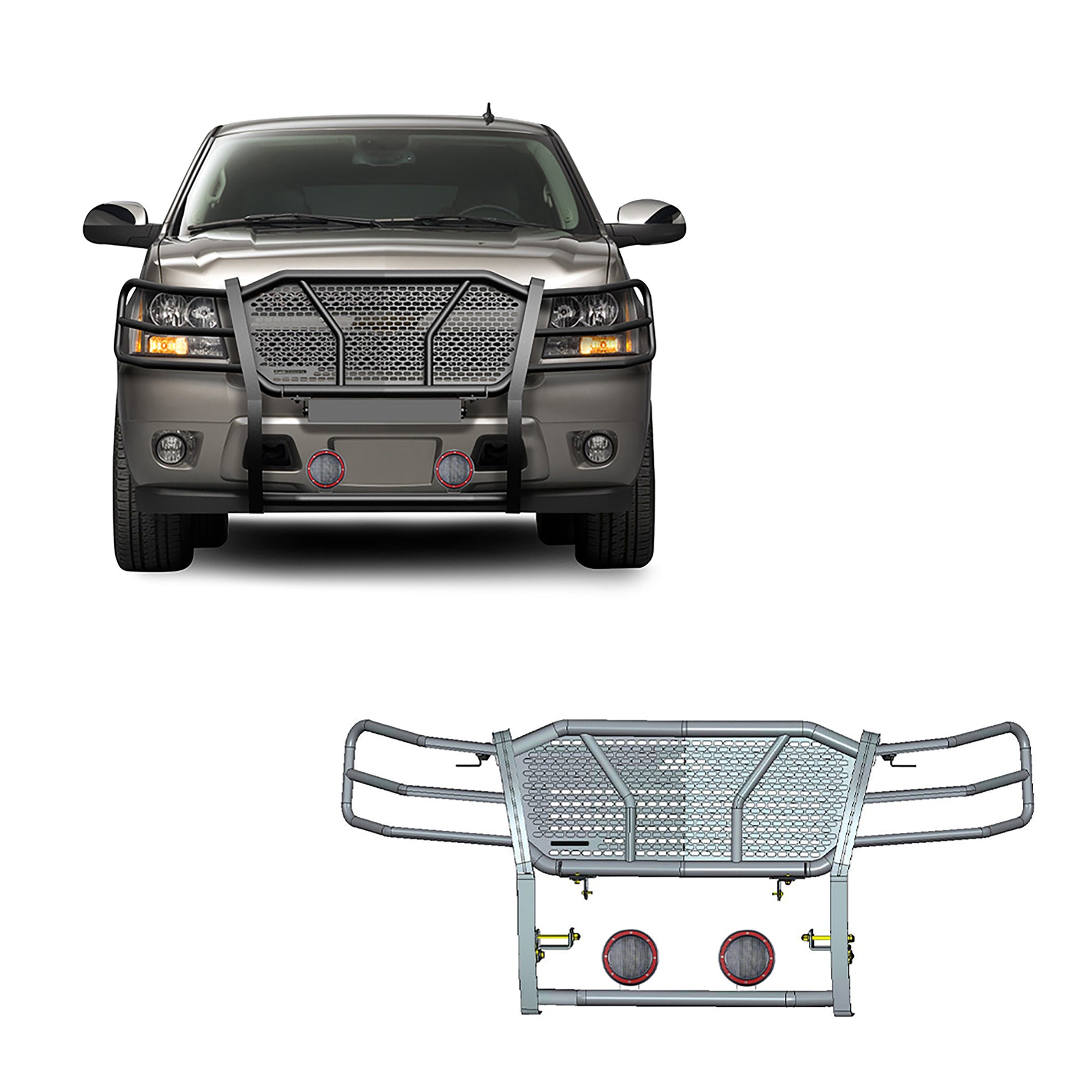 2007-2014 Chevrolet Avalanche Rugged Heavy Duty Grille Guard Kit Modular Pair of 5.3" Dia. LED Flood Lights w/ Red Trim Rings Wiring Harness  and Switch | Black Horse Off Road - Image 1