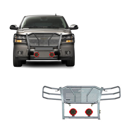2007-2014 Chevrolet Avalanche Rugged Heavy Duty Grille Guard Kit Modular Incl. pair of 7.0" Dia. LED  Lights w/ Red Trim Rings w/ Wiring Harness and Switch | Black Horse Off Road - Image 1