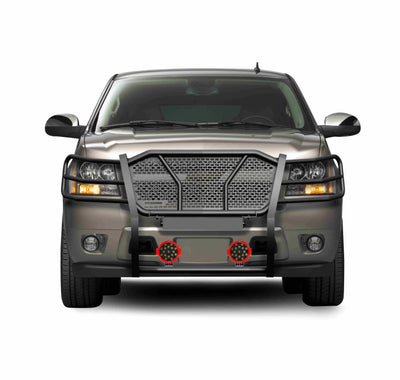 2007-2014 Chevrolet Avalanche Rugged Heavy Duty Grille Guard Kit Modular Incl. pair of 7.0" Dia. LED  Lights w/ Red Trim Rings w/ Wiring Harness and Switch | Black Horse Off Road - Image 2
