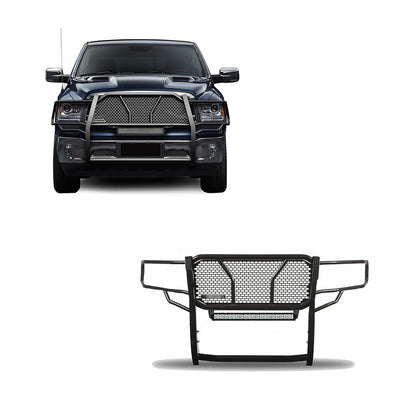 2009-2024 Dodge Ram 1500 Rugged Heavy Duty Grille Guard Kit Modular Includes 1 20in Double Row LED Light Bar | Black Horse Off Road - Image 1