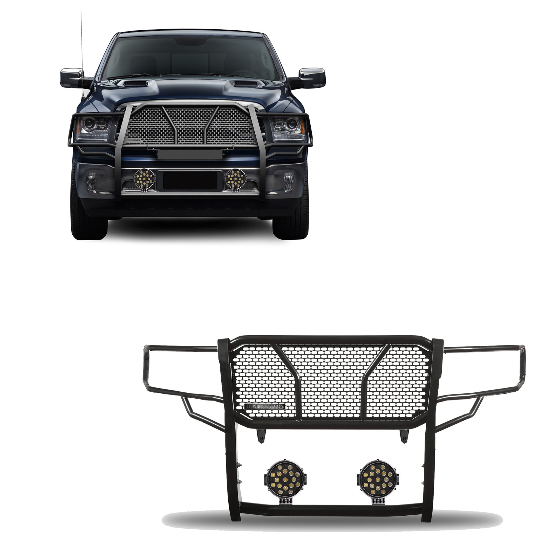 2009-2024 Dodge Ram 1500 Rugged Heavy Duty Grille Guard Kit Modular Incl. pair of 7.0" Dia. LED  Lights w/ Black Trim Rings w/ Wiring Harness and Switch | Black Horse Off Road - Image 1