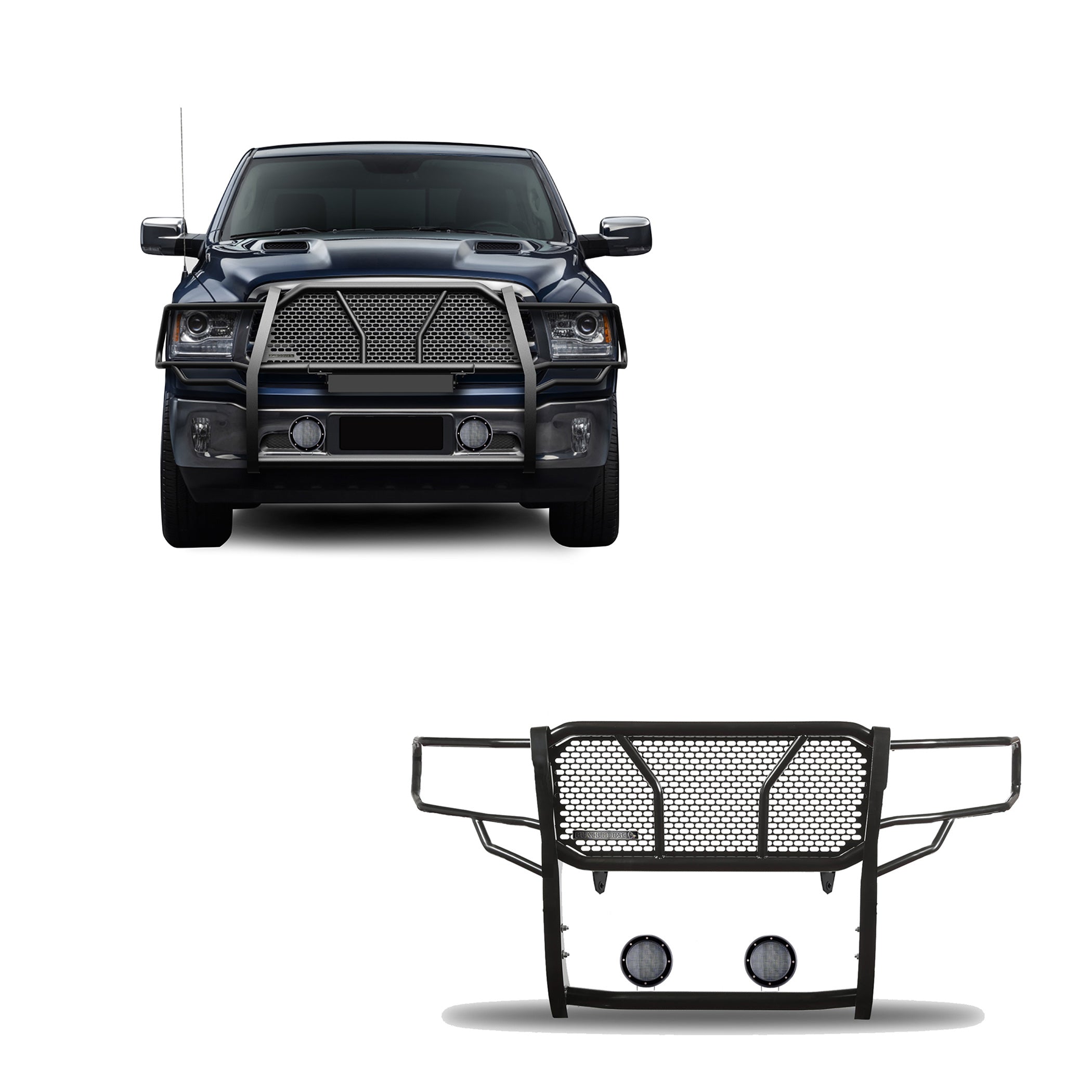 2009-2024 Dodge Ram 1500 Rugged Heavy Duty Grille Guard Kit Modular Pair of 5.3" Dia. LED Flood Lights w/ Black Trim Rings Wiring Harness  and Switch | Black Horse Off Road - Image 1