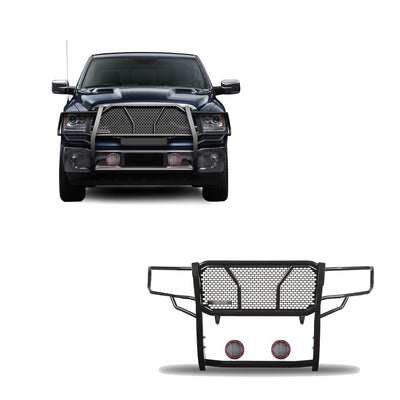 2009-2024 Dodge Ram 1500 Rugged Heavy Duty Grille Guard Kit Modular Pair of 5.3" Dia. LED Flood Lights w/ Red Trim Rings Wiring Harness  and Switch | Black Horse Off Road - Image 1
