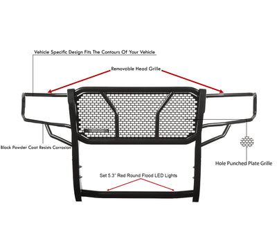 2009-2024 Dodge Ram 1500 Rugged Heavy Duty Grille Guard Kit Modular Pair of 5.3" Dia. LED Flood Lights w/ Red Trim Rings Wiring Harness  and Switch | Black Horse Off Road - Image 4