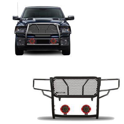 2009-2024 Dodge Ram 1500 Rugged Heavy Duty Grille Guard Kit Modular Incl. pair of 7.0" Dia. LED  Lights w/ Red Trim Rings w/ Wiring Harness and Switch | Black Horse Off Road - Image 1