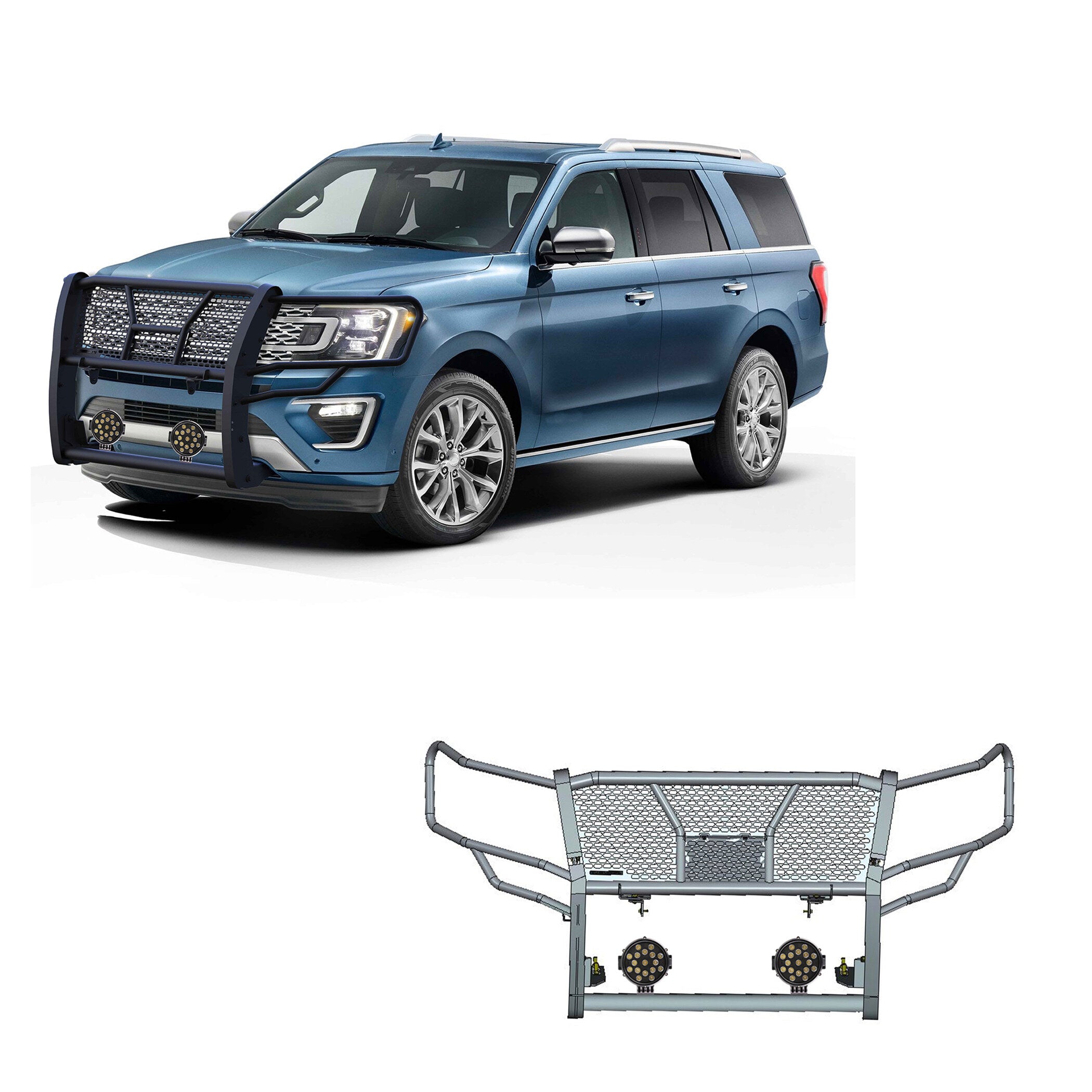2018-2024 Ford Expedition Rugged Heavy Duty Grille Guard Kit Modular Incl. pair of 7.0" Dia. LED  Lights w/ Black Trim Rings w/ Wiring Harness and Switch | Black Horse Off Road - Image 1