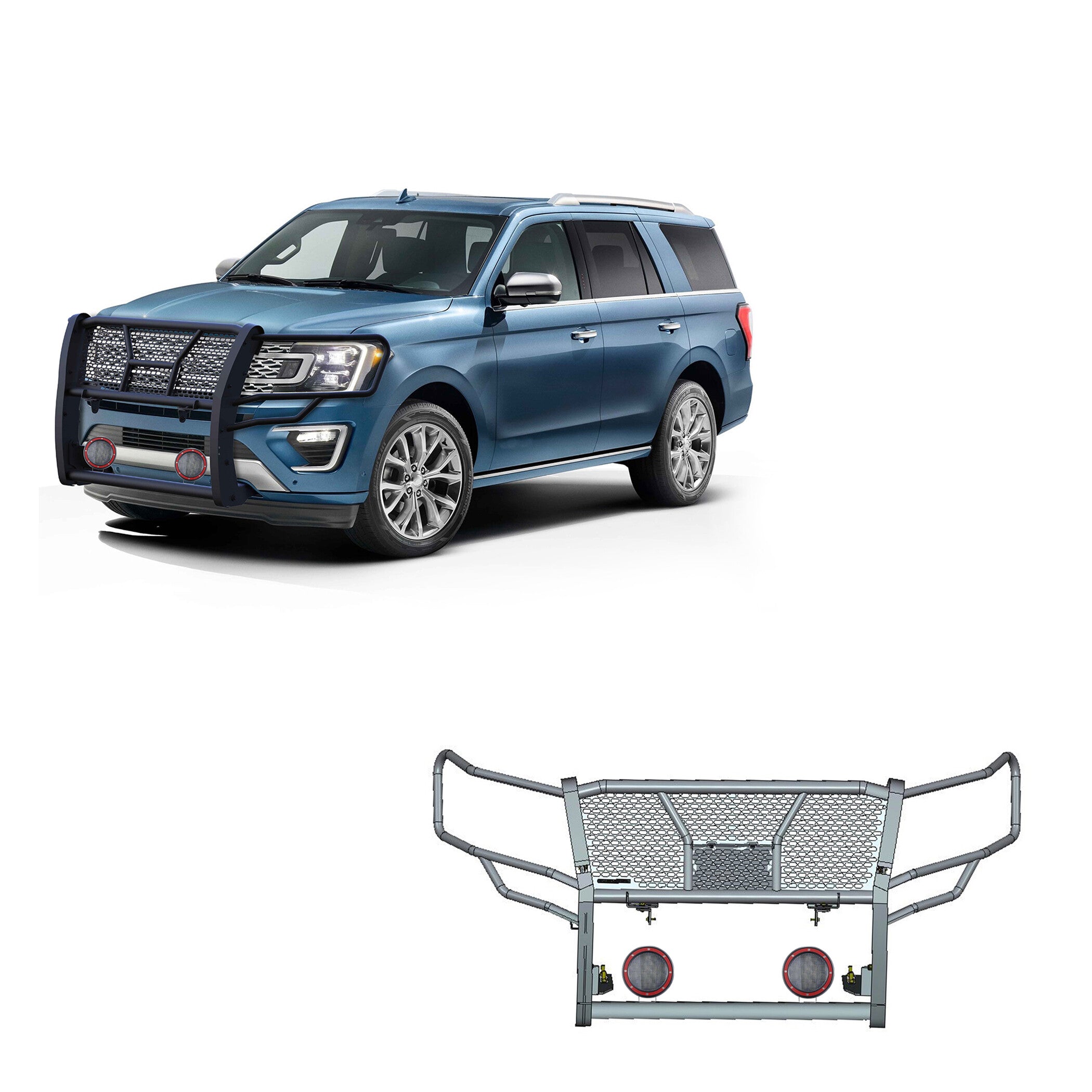 2018-2024 Ford Expedition Rugged Heavy Duty Grille Guard Kit Modular Pair of 5.3" Dia. LED Flood Lights w/ Red Trim Rings Wiring Harness  and Switch | Black Horse Off Road - Image 1