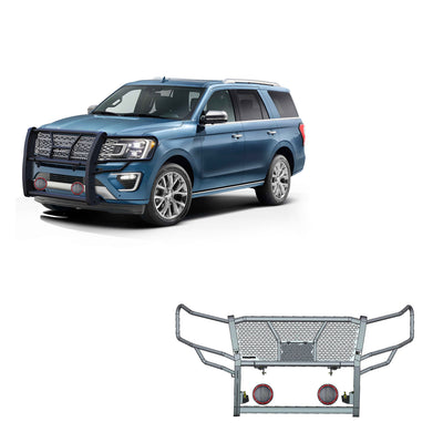 2018-2024 Ford Expedition Rugged Heavy Duty Grille Guard Kit Modular Pair of 5.3" Dia. LED Flood Lights w/ Red Trim Rings Wiring Harness  and Switch | Black Horse Off Road - Image 1