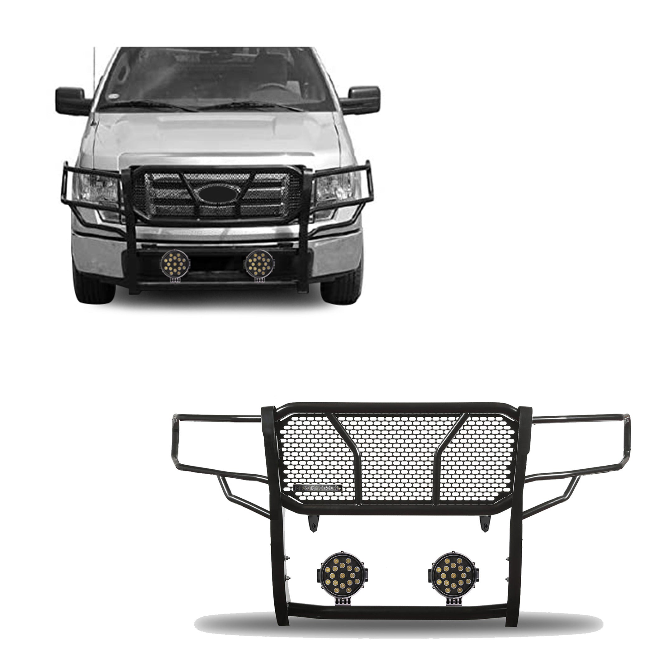 2009-2014 Ford F-150 Rugged Heavy Duty Grille Guard Kit Modular Incl. pair of 7.0" Dia. LED  Lights w/ Black Trim Rings w/ Wiring Harness and Switch | Black Horse Off Road - Image 1