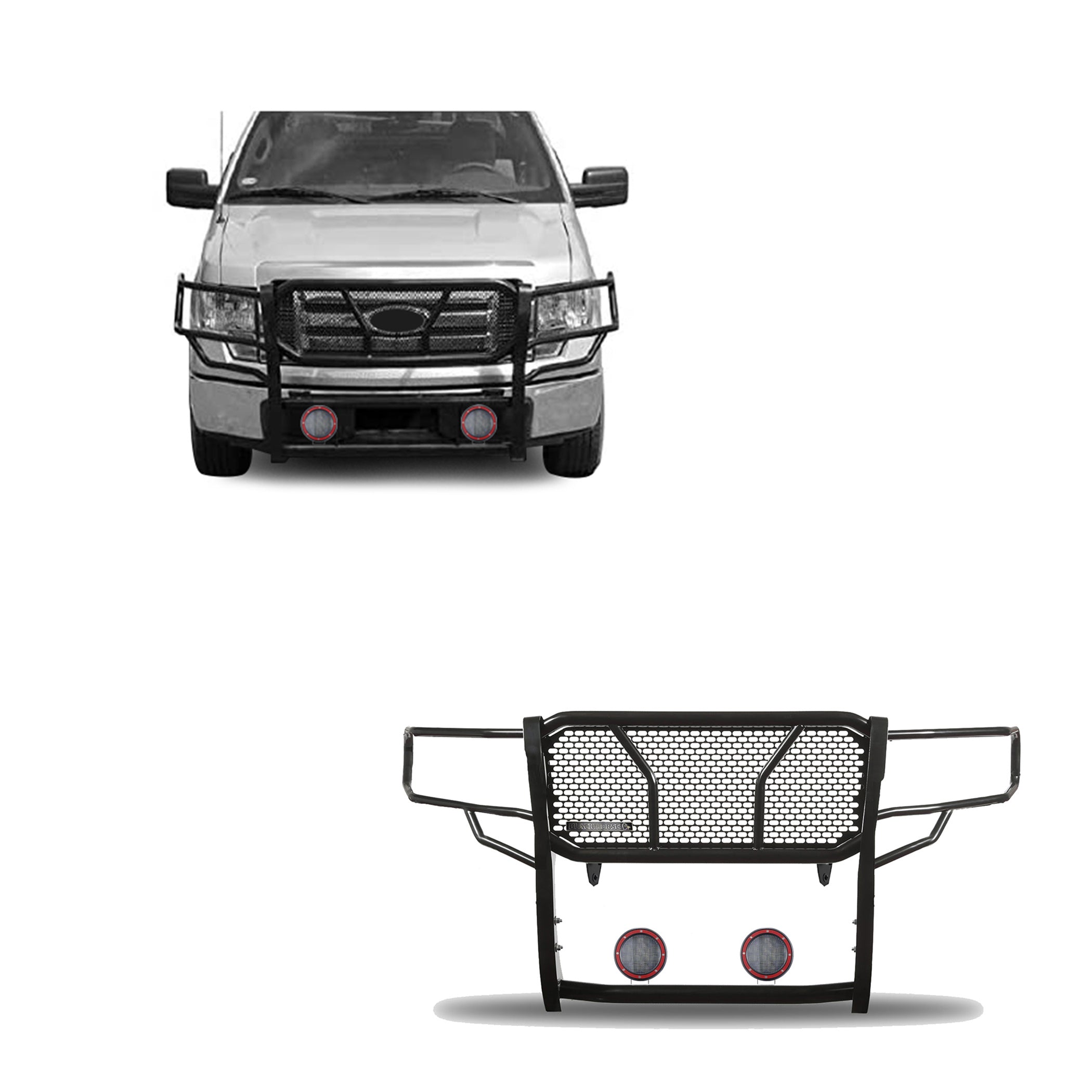 2009-2014 Ford F-150 Rugged Heavy Duty Grille Guard Kit Modular Pair of 5.3" Dia. LED Flood Lights w/ Red Trim Rings Wiring Harness  and Switch | Black Horse Off Road - Image 1