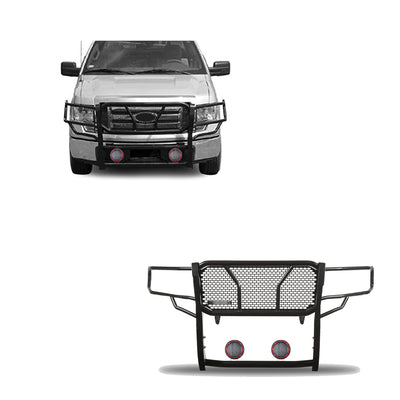 2009-2014 Ford F-150 Rugged Heavy Duty Grille Guard Kit Modular Pair of 5.3" Dia. LED Flood Lights w/ Red Trim Rings Wiring Harness  and Switch | Black Horse Off Road - Image 1