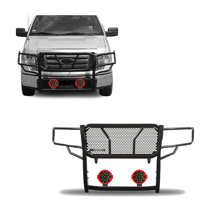 2009-2014 Ford F-150 Rugged Heavy Duty Grille Guard Kit Modular Incl. pair of 7.0" Dia. LED  Lights w/ Red Trim Rings w/ Wiring Harness and Switch | Black Horse Off Road - Image 1