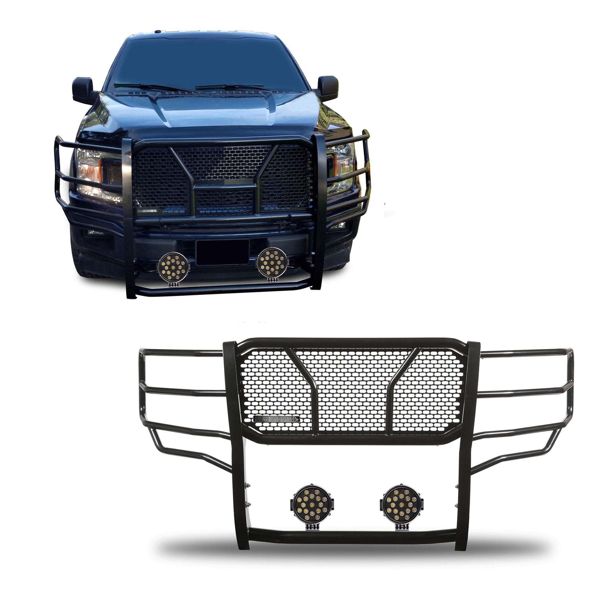 2015-2020 Ford F-150 Rugged Heavy Duty Grille Guard Kit Modular Incl. pair of 7.0" Dia. LED  Lights w/ Black Trim Rings w/ Wiring Harness and Switch | Black Horse Off Road - Image 1