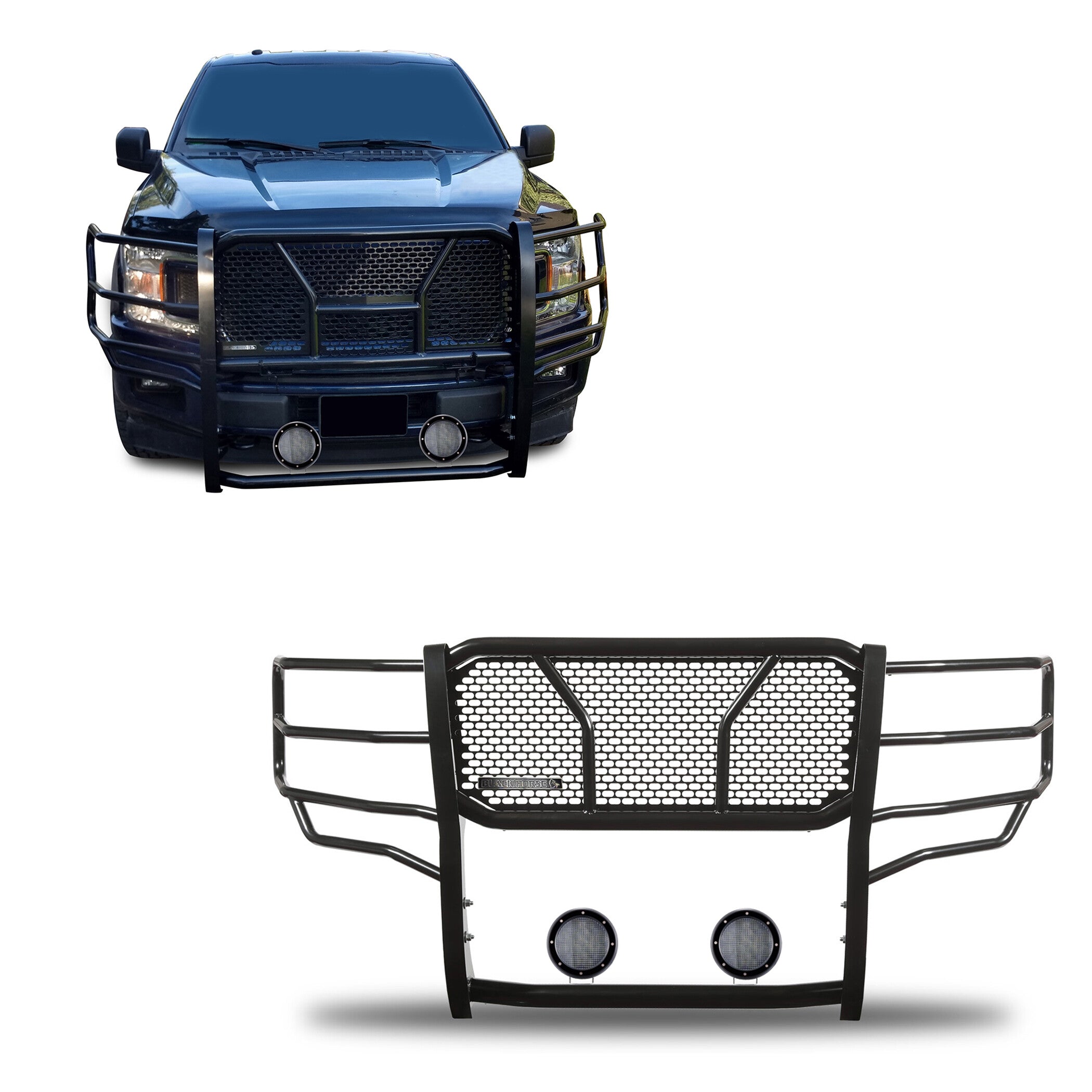 2015-2020 Ford F-150 Rugged Heavy Duty Grille Guard Kit Modular Pair of 5.3" Dia. LED Flood Lights w/ Black Trim Rings Wiring Harness  and Switch | Black Horse Off Road - Image 1