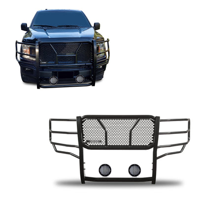 2015-2020 Ford F-150 Rugged Heavy Duty Grille Guard Kit Modular Pair of 5.3" Dia. LED Flood Lights w/ Black Trim Rings Wiring Harness  and Switch | Black Horse Off Road - Image 1