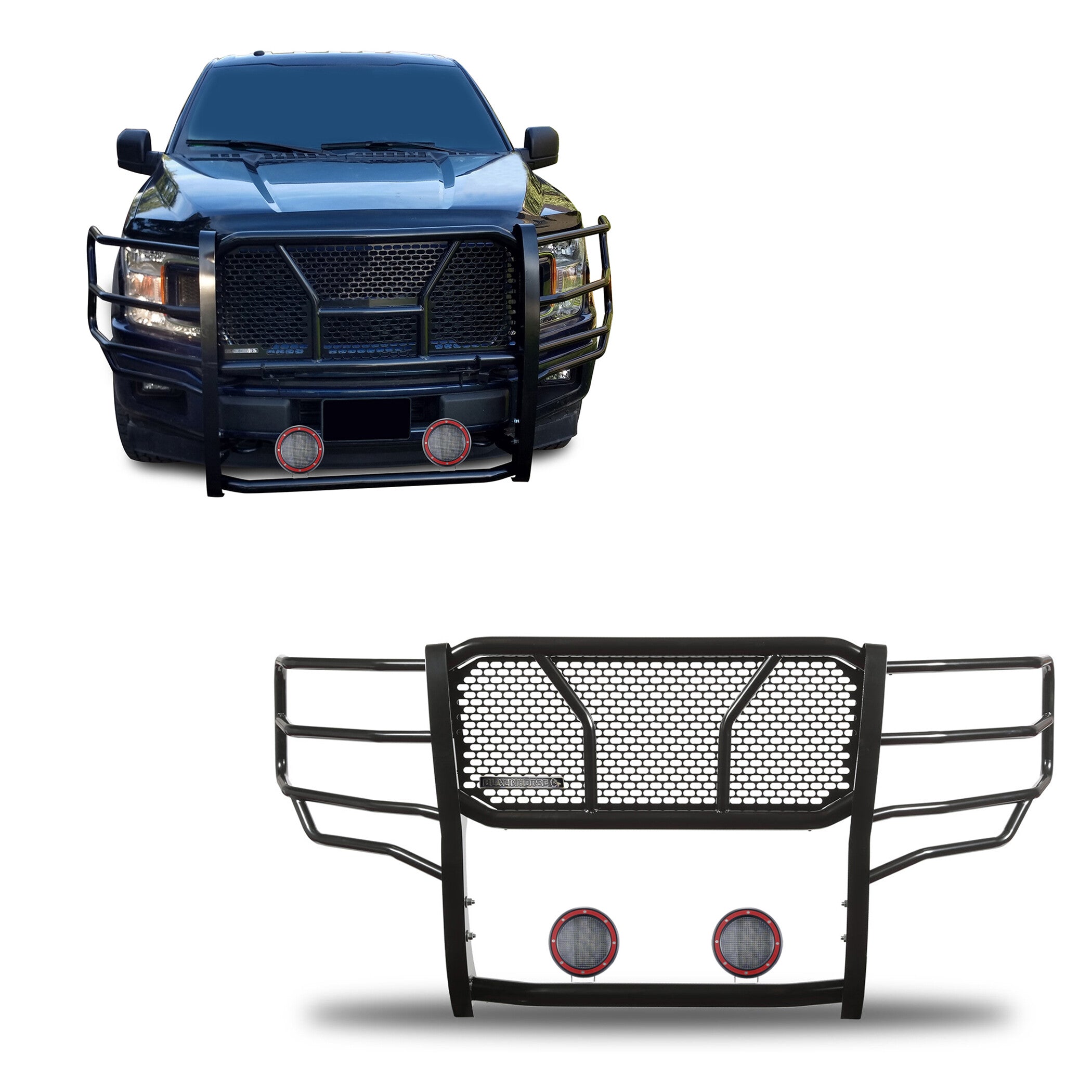 2015-2020 Ford F-150 Rugged Heavy Duty Grille Guard Kit Modular Pair of 5.3" Dia. LED Flood Lights w/ Red Trim Rings Wiring Harness  and Switch | Black Horse Off Road - Image 1