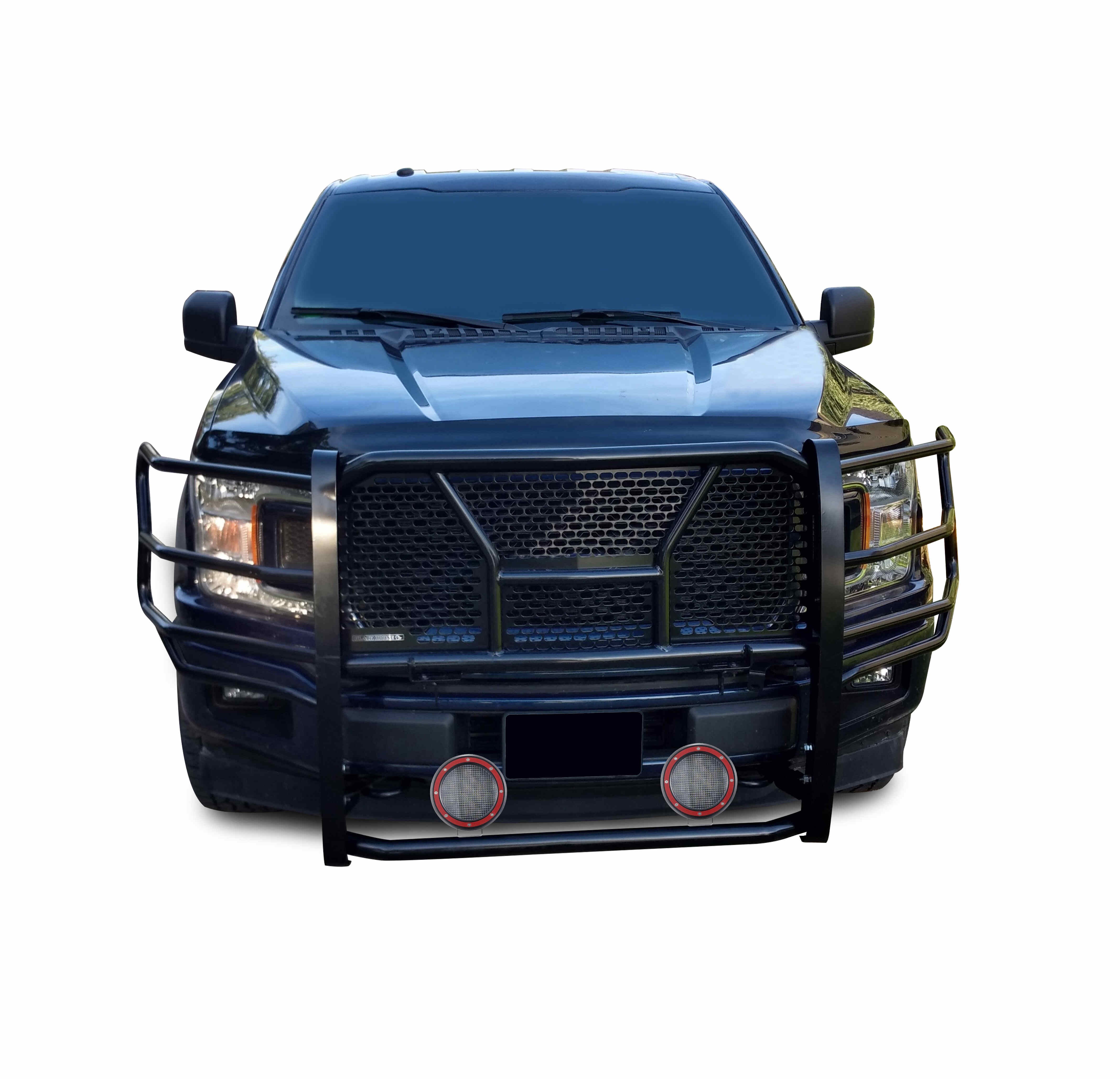2015-2020 Ford F-150 Rugged Heavy Duty Grille Guard Kit Modular Pair of 5.3" Dia. LED Flood Lights w/ Red Trim Rings Wiring Harness  and Switch | Black Horse Off Road - Image 2