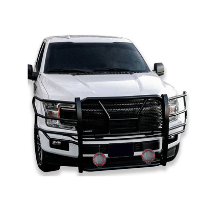 2015-2020 Ford F-150 Rugged Heavy Duty Grille Guard Kit Modular Pair of 5.3" Dia. LED Flood Lights w/ Red Trim Rings Wiring Harness  and Switch | Black Horse Off Road - Image 3