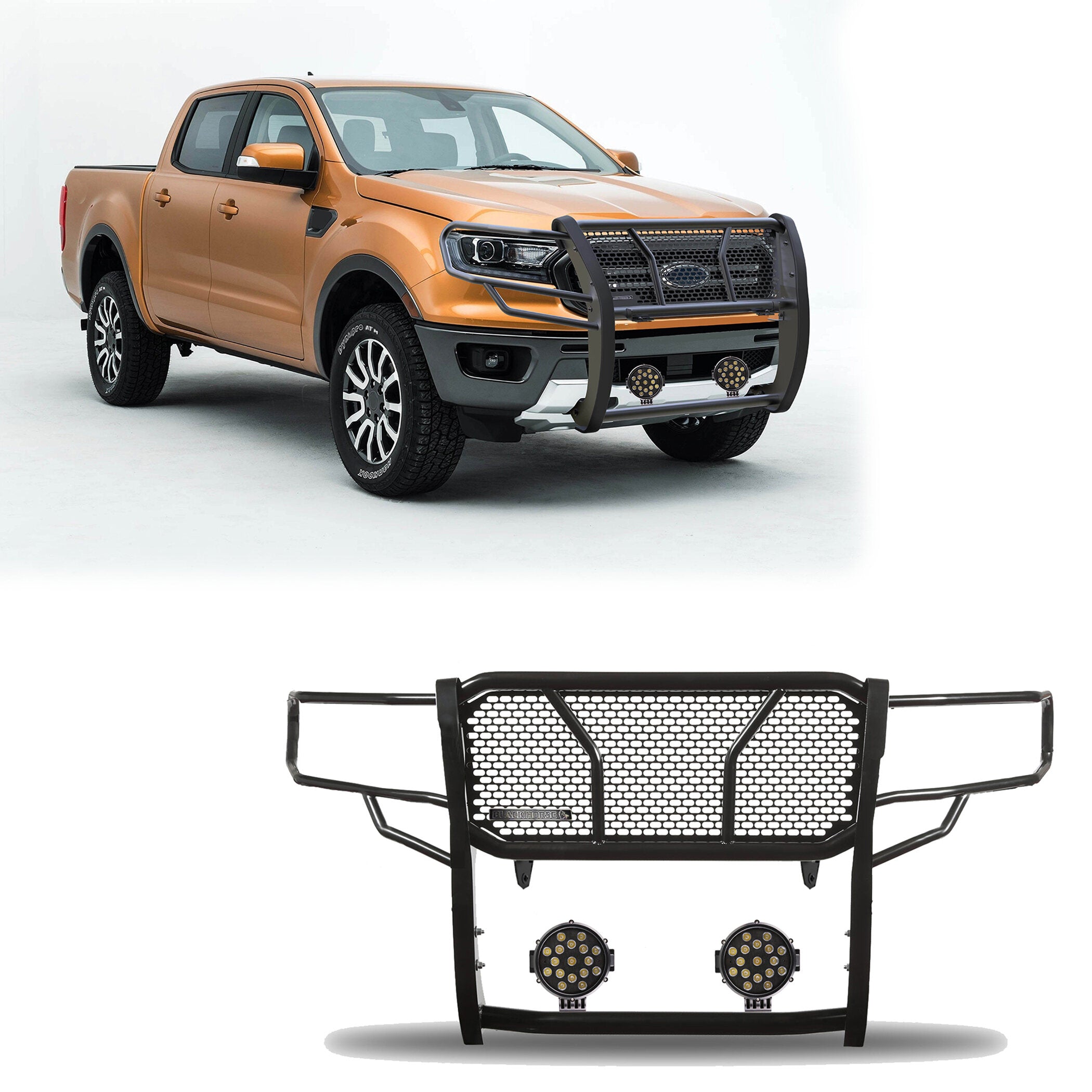 2019-2023 Ford Ranger Rugged Heavy Duty Grille Guard Kit Modular Incl. pair of 7.0" Dia. LED  Lights w/ Black Trim Rings w/ Wiring Harness and Switch | Black Horse Off Road - Image 1