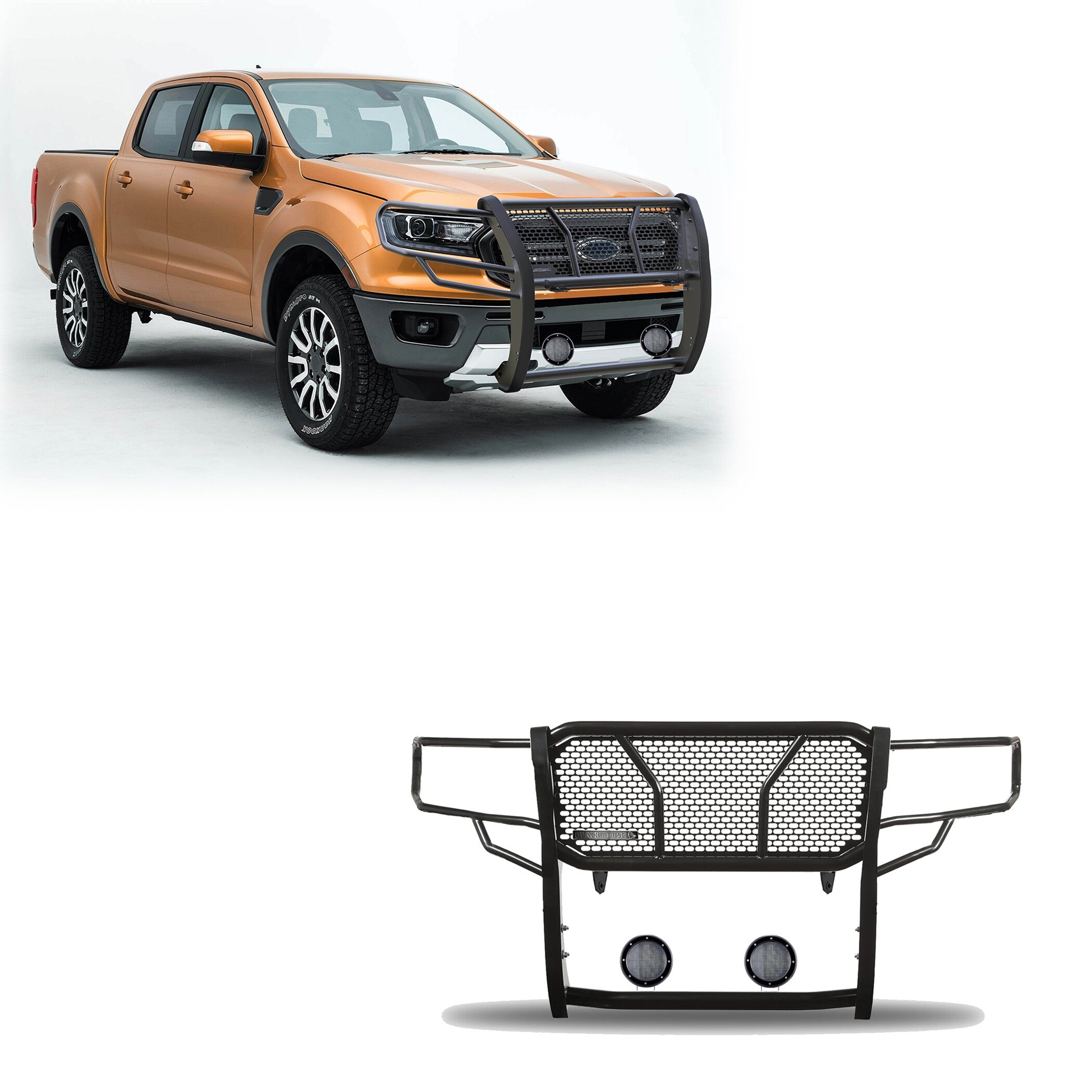 2019-2023 Ford Ranger Rugged Heavy Duty Grille Guard Kit Modular Pair of 5.3" Dia. LED Flood Lights w/ Black Trim Rings Wiring Harness  and Switch | Black Horse Off Road - Image 1